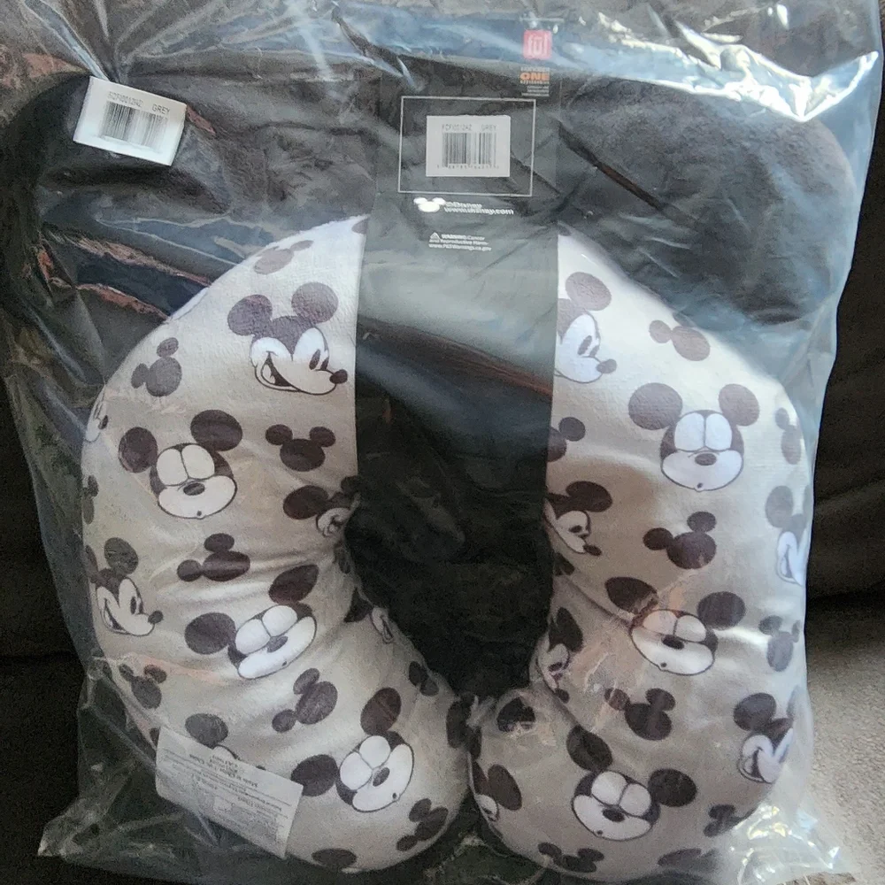 NWT Disney Mickey Mouse Faces & Icons Portable Travel Neck Pillow Ears Gray B&W